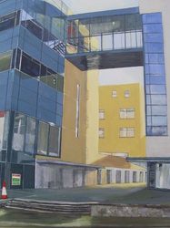 Cityscape painting, Irish Painter, Irish artist, Gary Kearney, Art Gallery, Cork City, Yellow, Art Sale, Traffic Cones, Shadows, Clear Sky, Street Lights, 2009, relections,