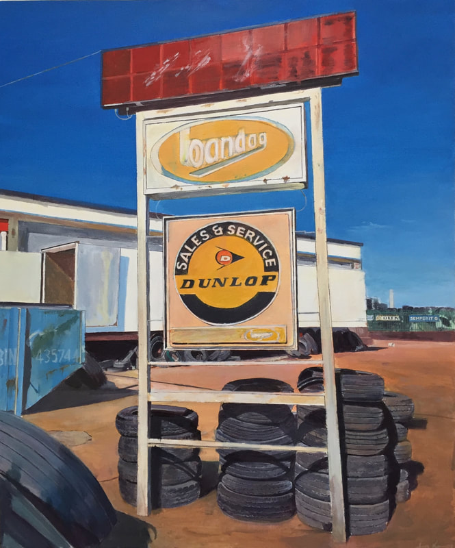 Acrylic painting, Photorealism, Irish Painter, Irish artist, Gary Kearney, Art Gallery, Cork City, White, Tyre Centre, Dunlop, Sales and Services, Tyres, For Sale, Dunlop, Skip, Blue Sky, 
