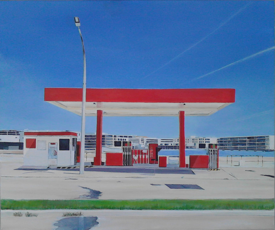Acrylic painting, Petrol Station, Irish Painter, Irish artist, Gary Kearney, Art Gallery, Cork City, White, Blue Sky, Bright Red, Coca Cola, Buy Art,
